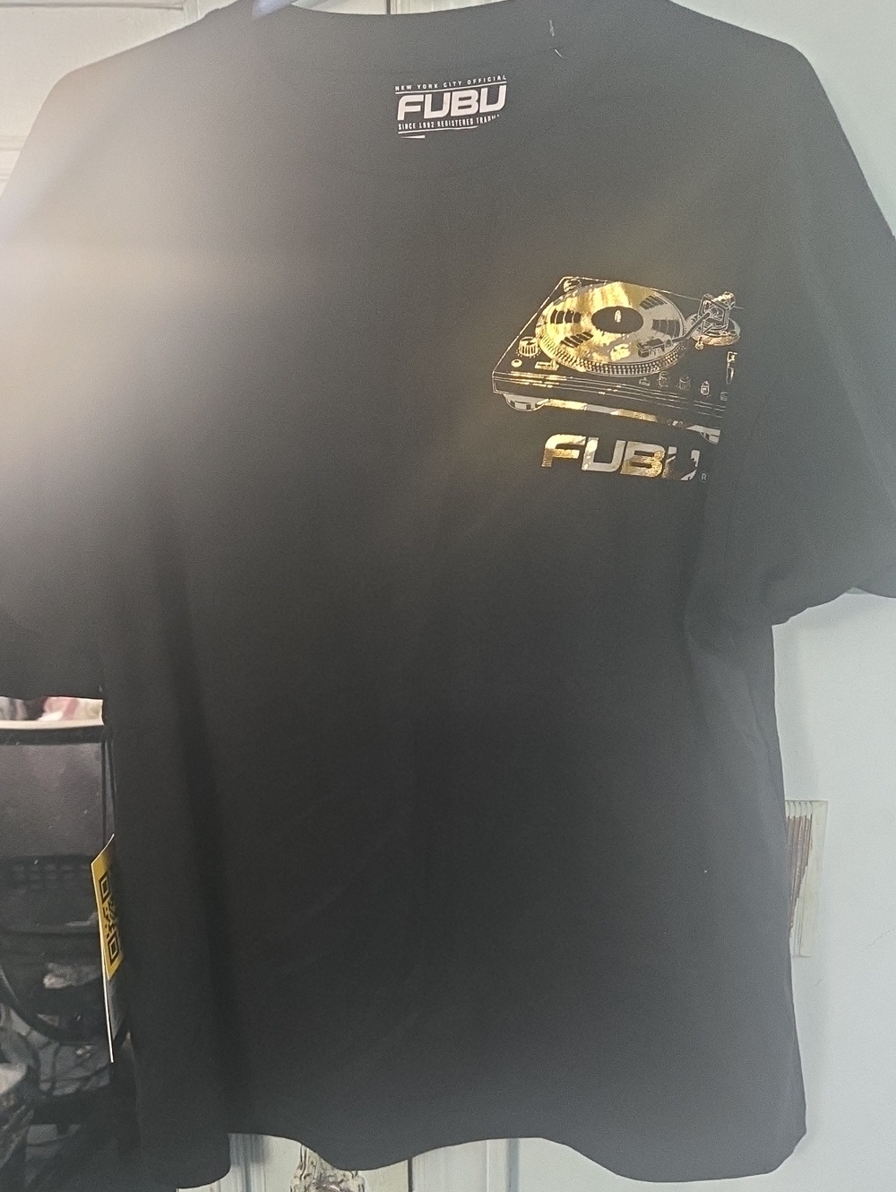 FUBU Black Short-Sleeve Tee with Gold Turntable Graphic